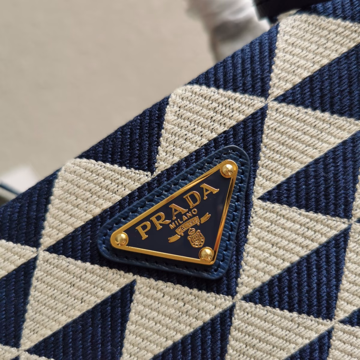 Prada Symbole Large Bag In White/Blue Jjacquard Fabric - Image 4