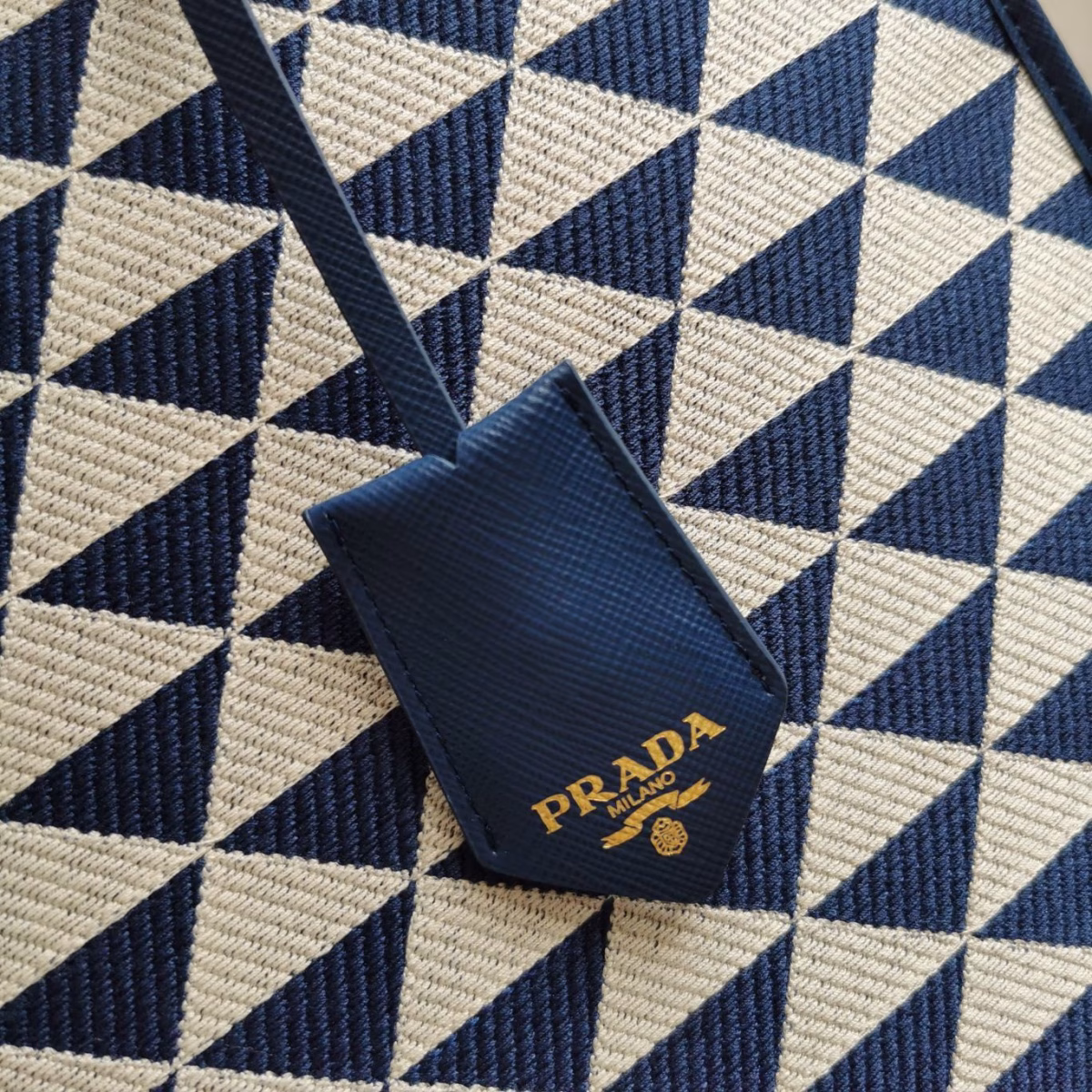 Prada Symbole Large Bag In White/Blue Jjacquard Fabric - Image 10
