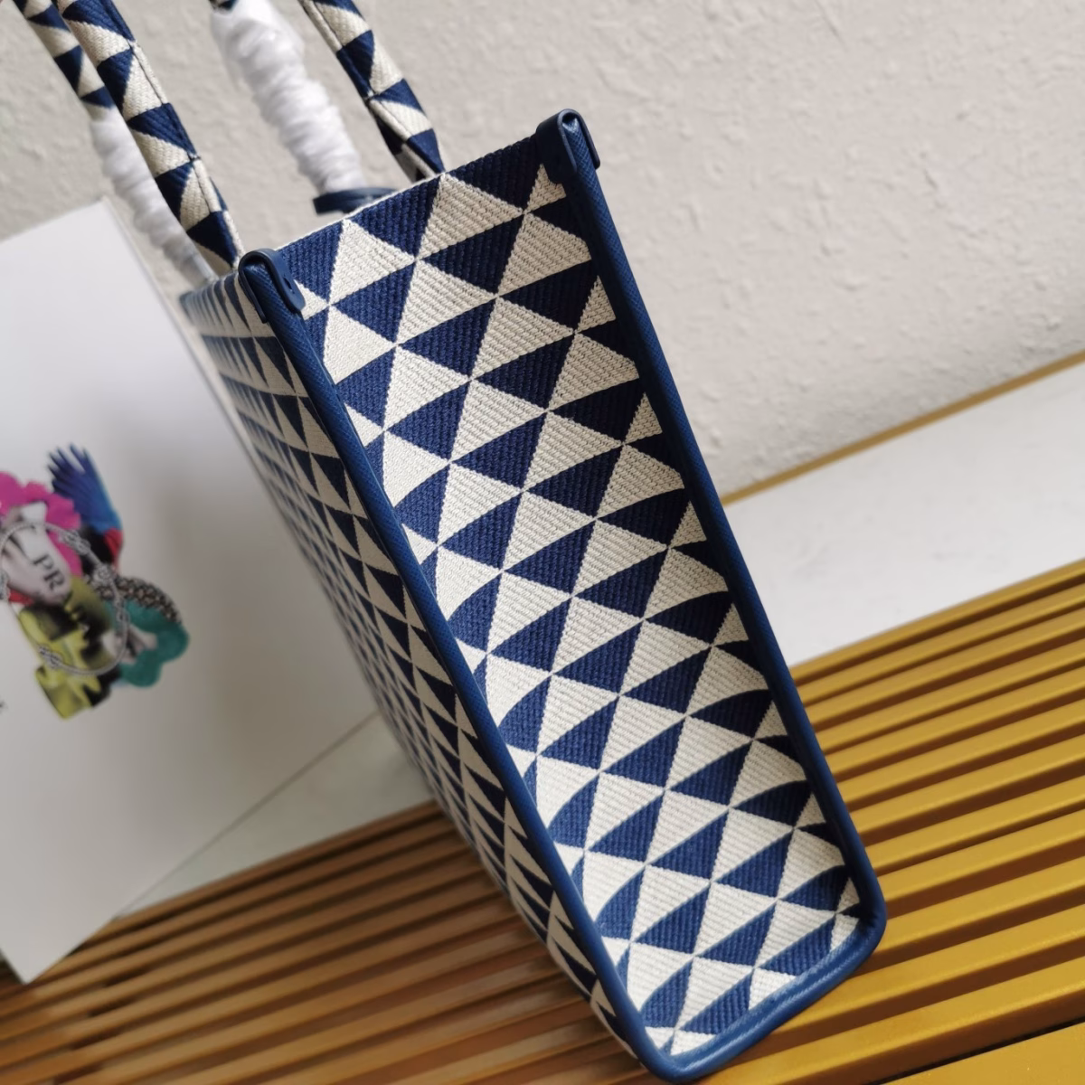 Prada Symbole Large Bag In White/Blue Jjacquard Fabric - Image 6