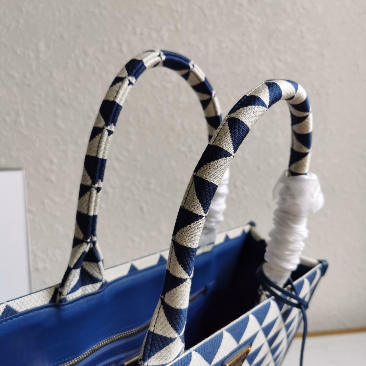 Prada Symbole Large Bag In White/Blue Jjacquard Fabric - Image 9