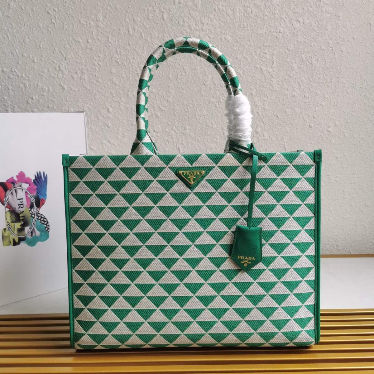 Prada Symbole Large Bag in Green and White Jacquard Fabric - Image 8