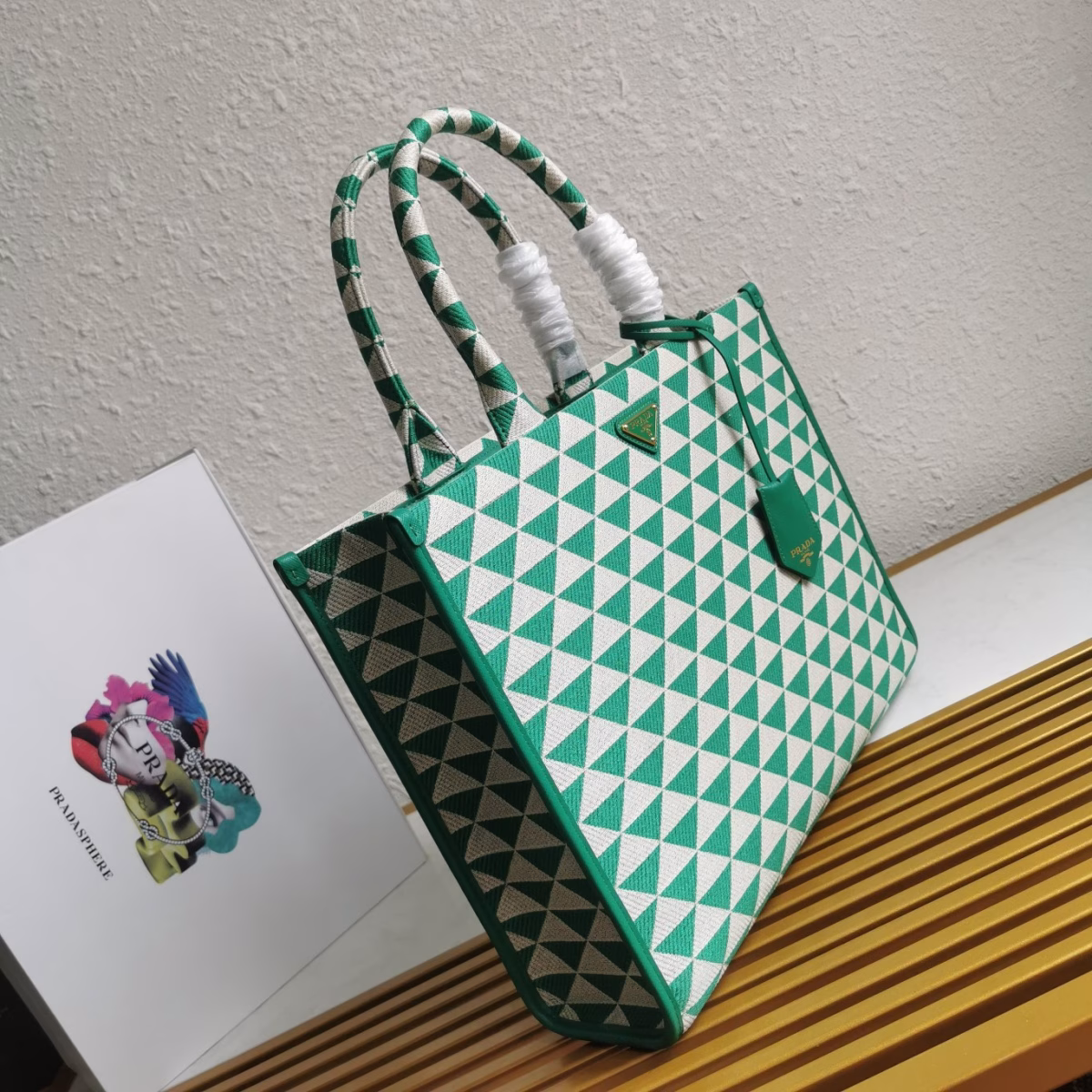 Prada Symbole Large Bag in Green and White Jacquard Fabric - Image 6
