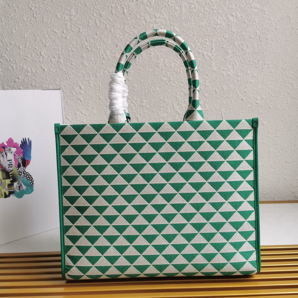 Prada Symbole Large Bag in Green and White Jacquard Fabric - Image 9