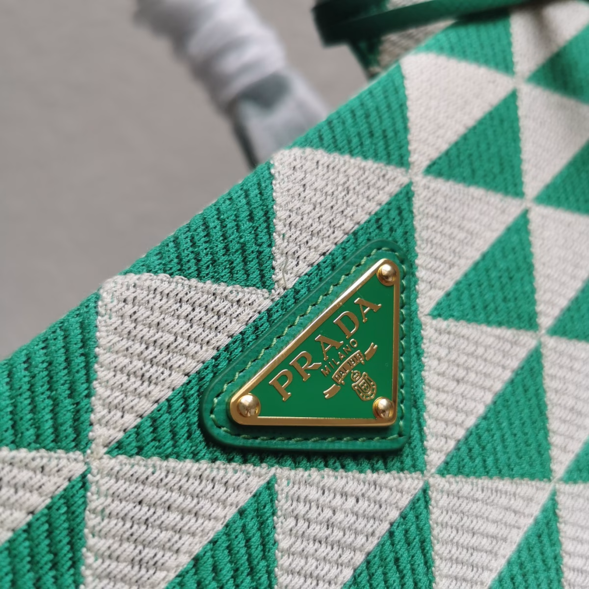 Prada Symbole Large Bag in Green and White Jacquard Fabric - Image 4