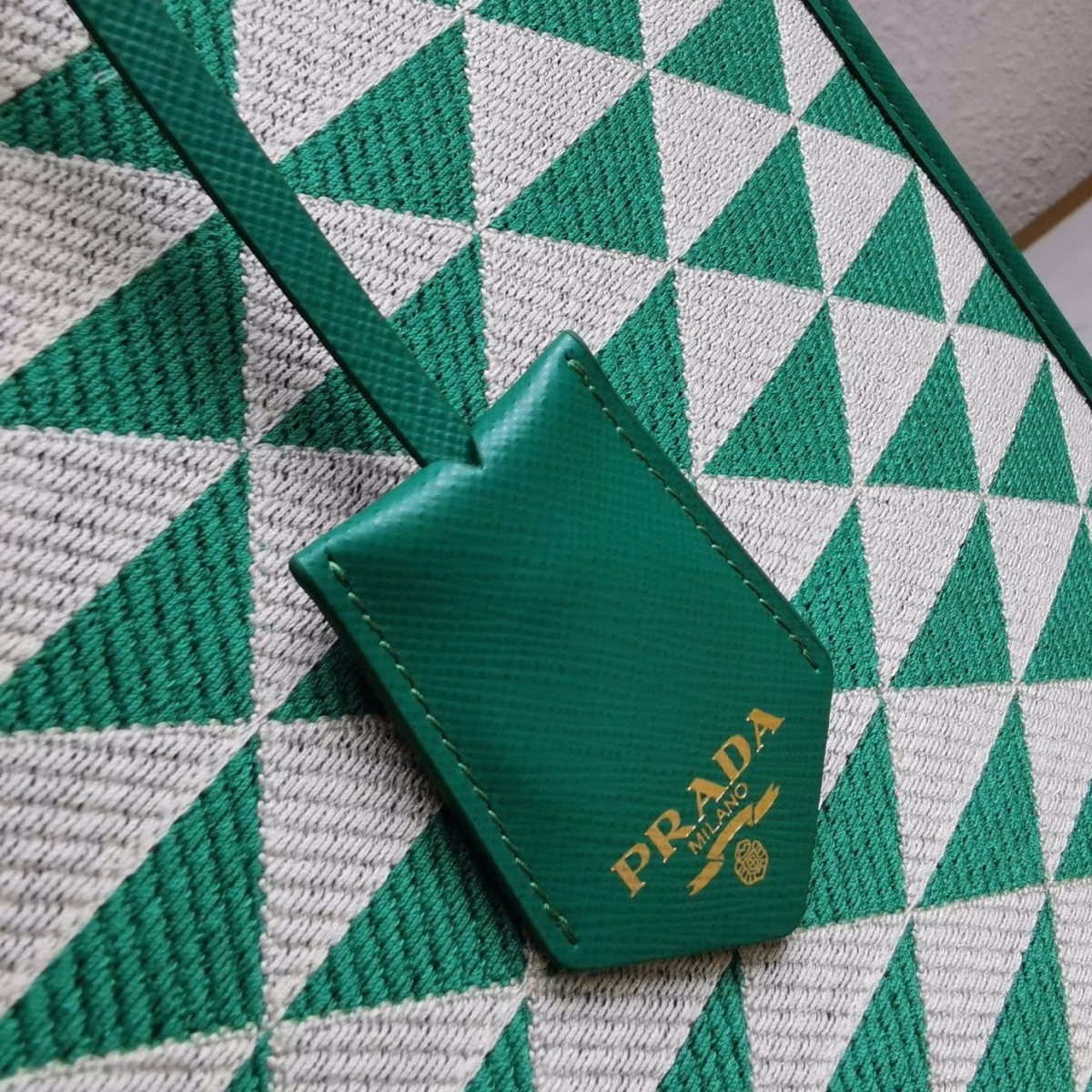 Prada Symbole Large Bag in Green and White Jacquard Fabric - Image 5