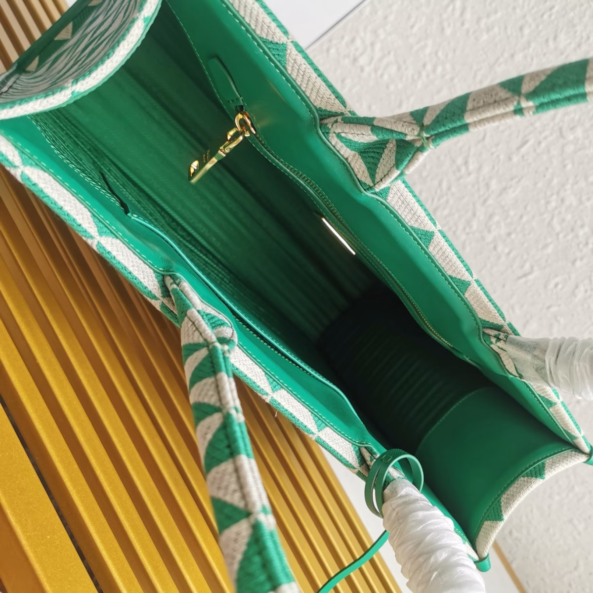 Prada Symbole Large Bag in Green and White Jacquard Fabric - Image 10