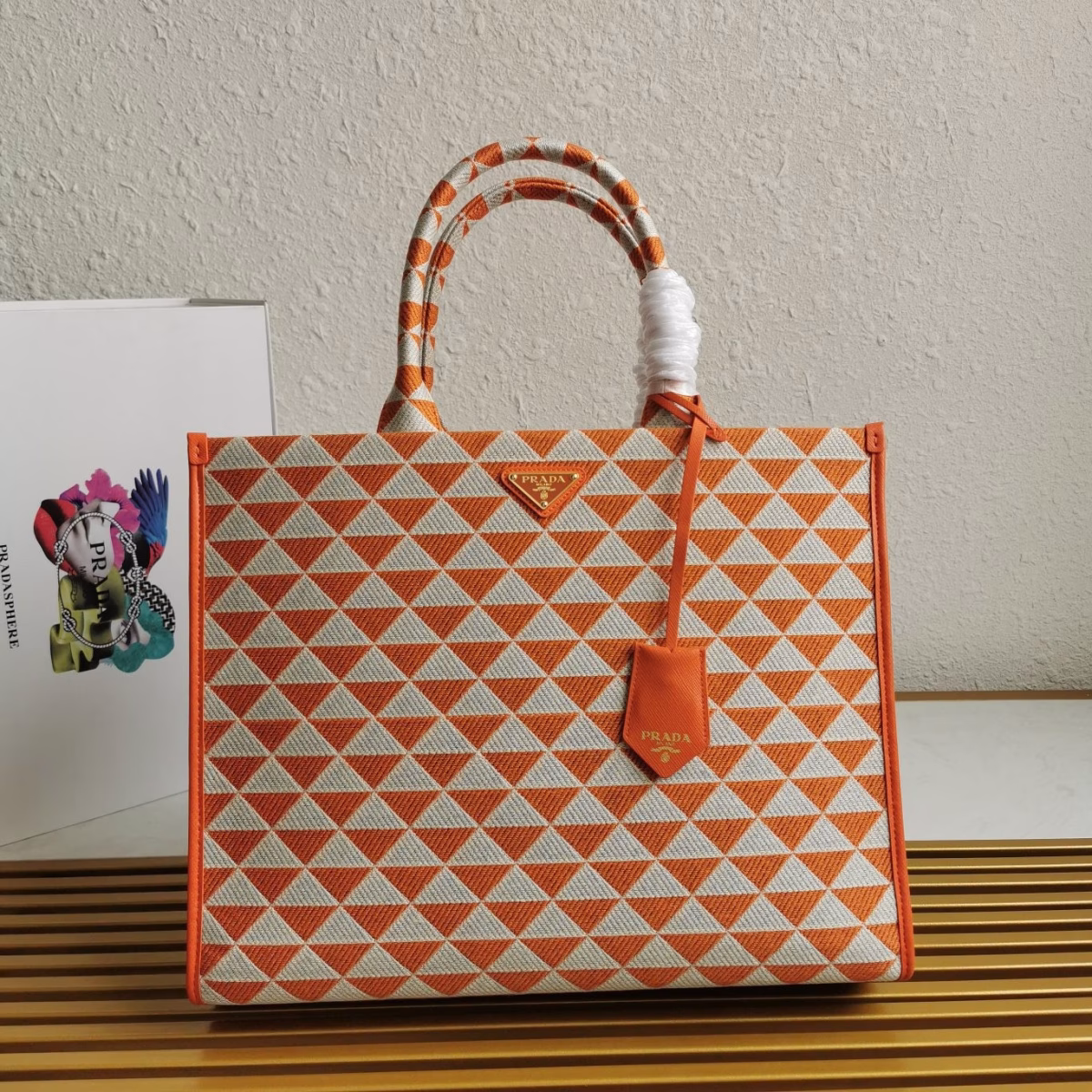 Prada Symbole Large Bag in Orange and White Jacquard Fabric - Image 9