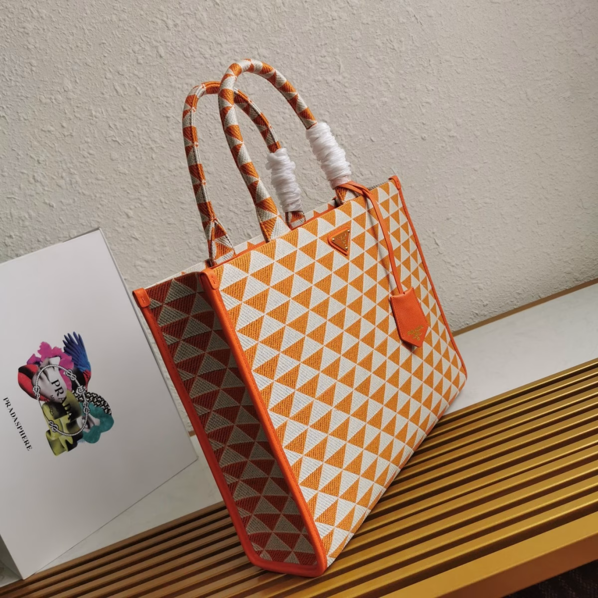 Prada Symbole Large Bag in Orange and White Jacquard Fabric - Image 7
