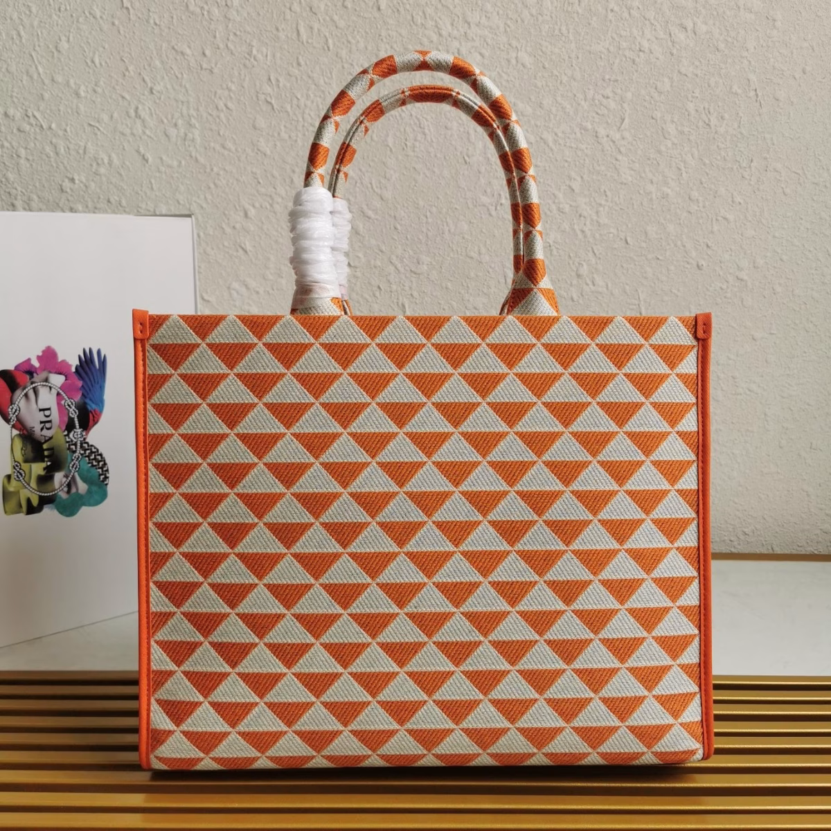 Prada Symbole Large Bag in Orange and White Jacquard Fabric - Image 8