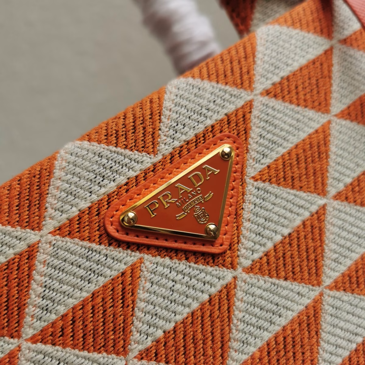 Prada Symbole Large Bag in Orange and White Jacquard Fabric - Image 4