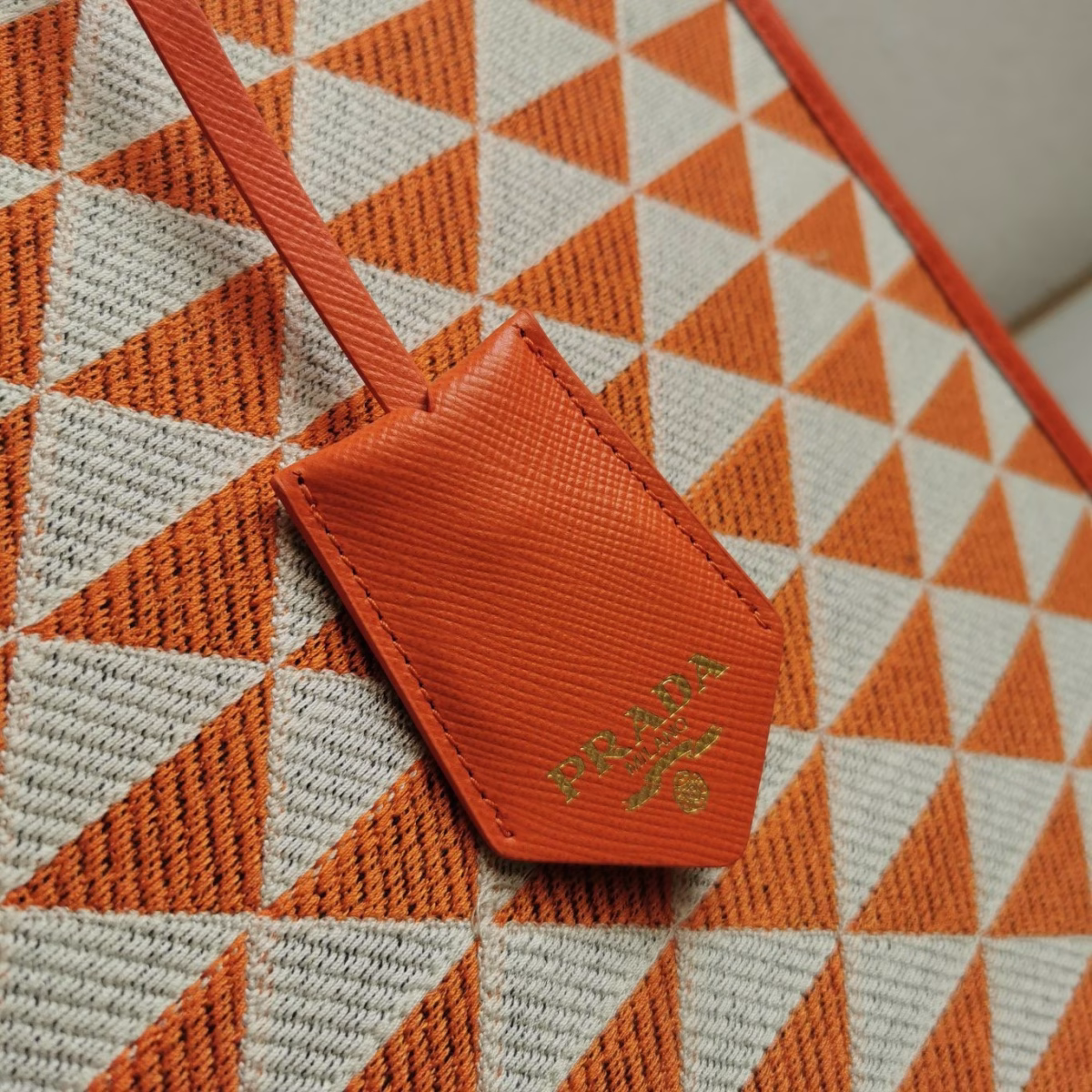 Prada Symbole Large Bag in Orange and White Jacquard Fabric - Image 5