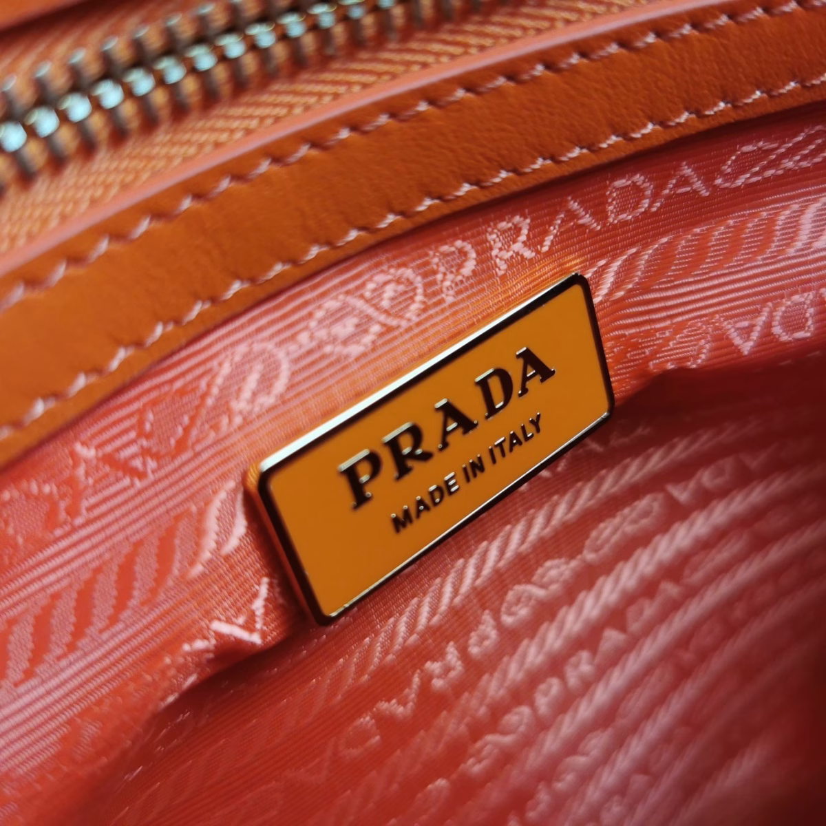 Prada Symbole Large Bag in Orange and White Jacquard Fabric - Image 3