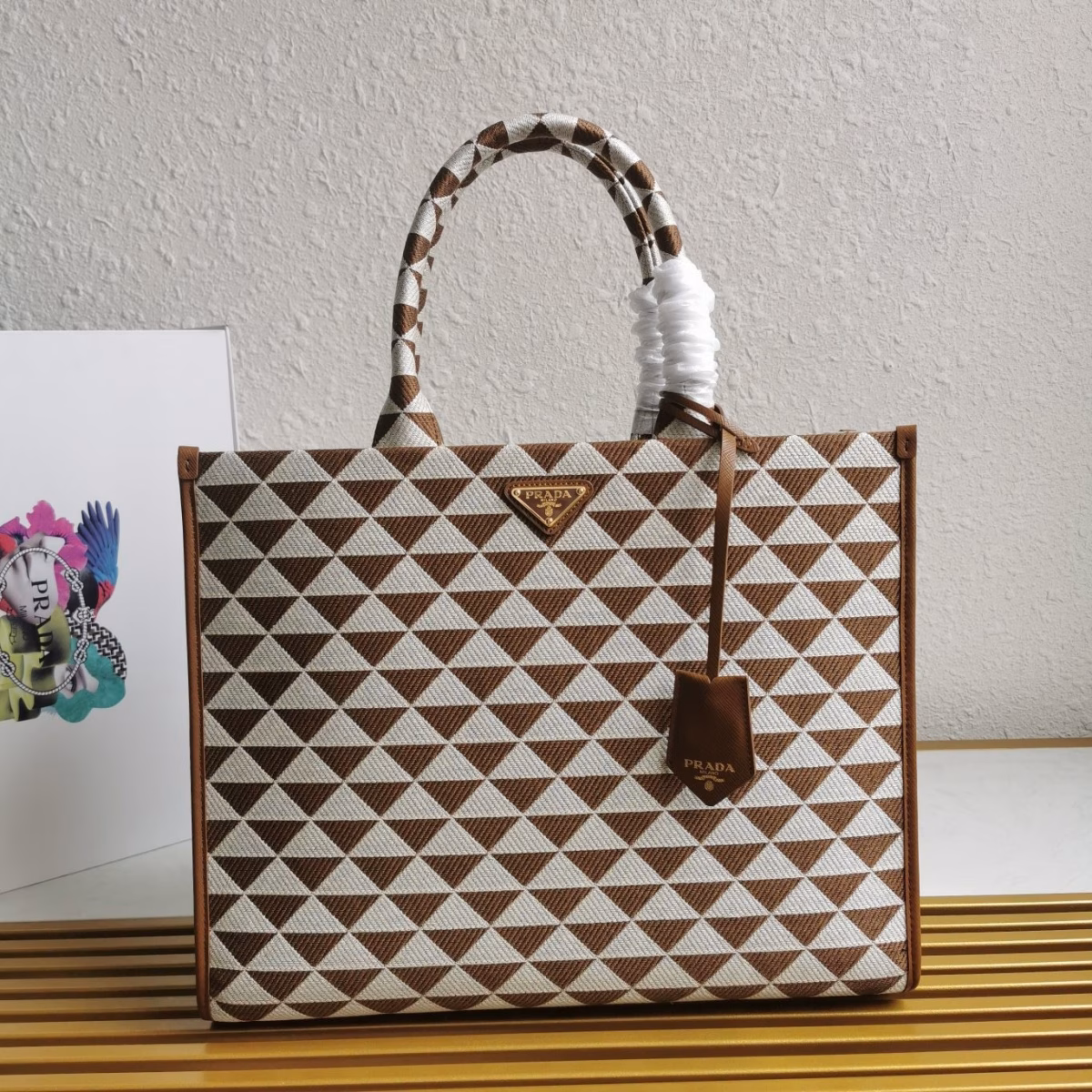 Prada Symbole Large Bag In White/Brown Jjacquard Fabric - Image 4