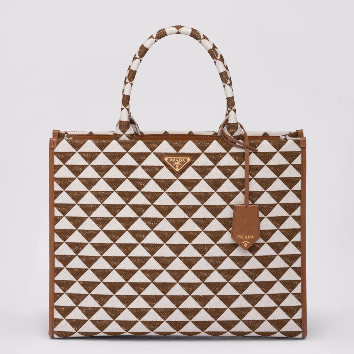 Prada Symbole Large Bag In White/Brown Jjacquard Fabric - Image 1