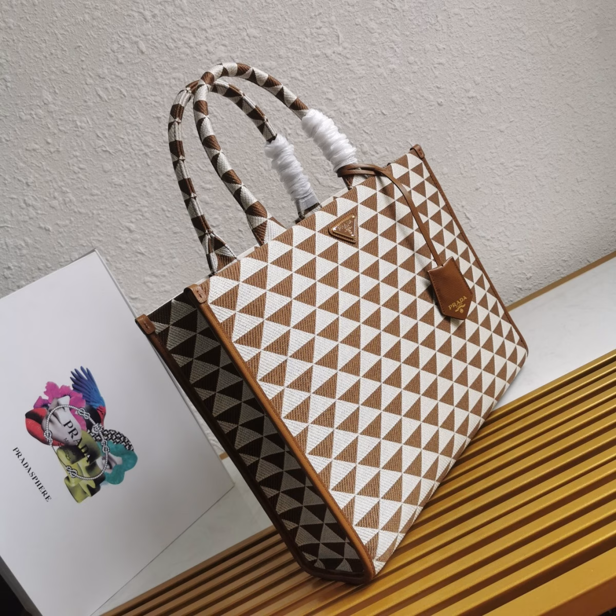 Prada Symbole Large Bag In White/Brown Jjacquard Fabric - Image 10