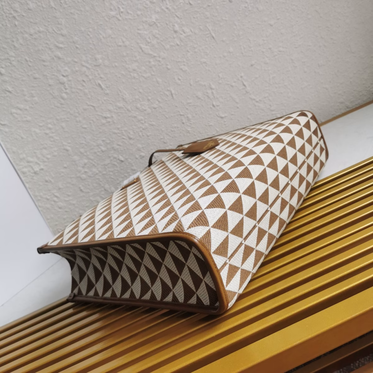Prada Symbole Large Bag In White/Brown Jjacquard Fabric - Image 7