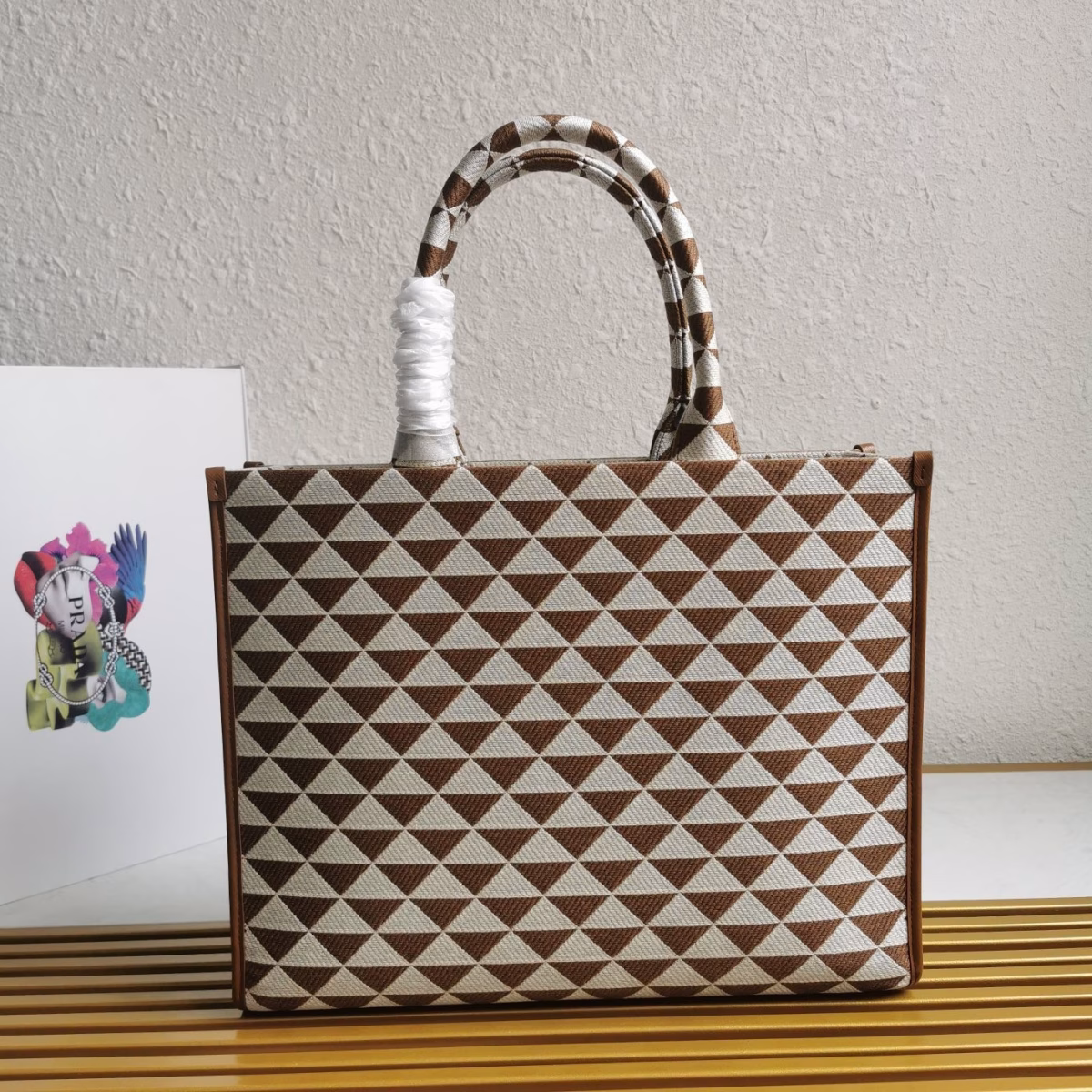 Prada Symbole Large Bag In White/Brown Jjacquard Fabric - Image 6