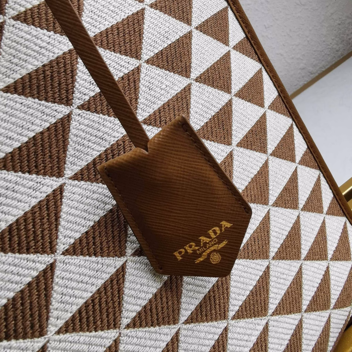 Prada Symbole Large Bag In White/Brown Jjacquard Fabric - Image 5