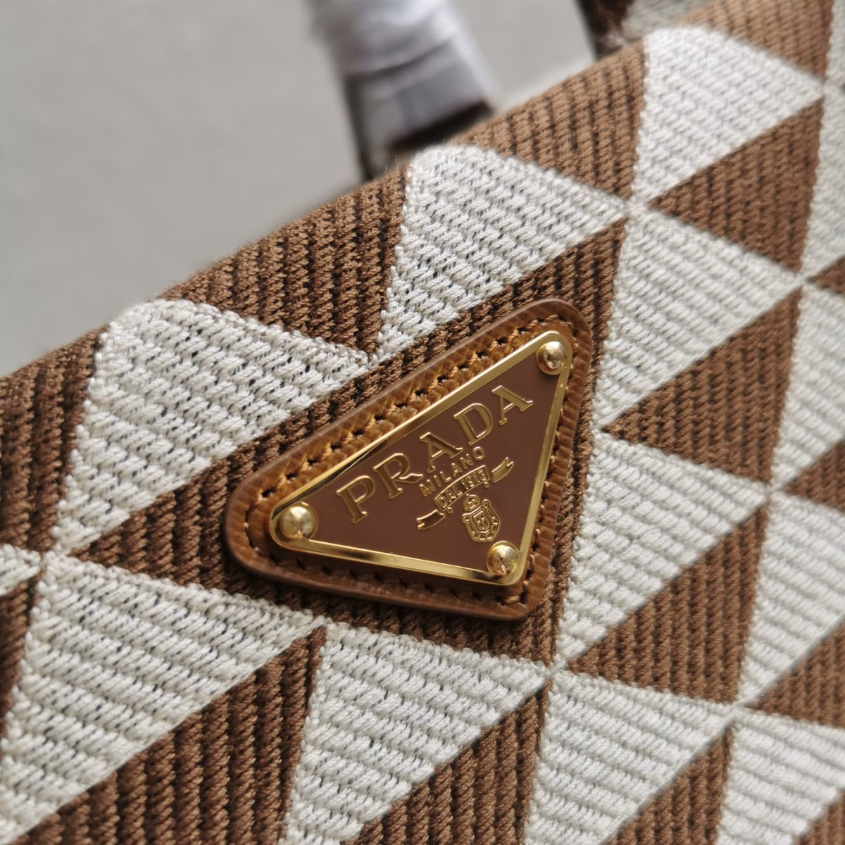 Prada Symbole Large Bag In White/Brown Jjacquard Fabric - Image 3