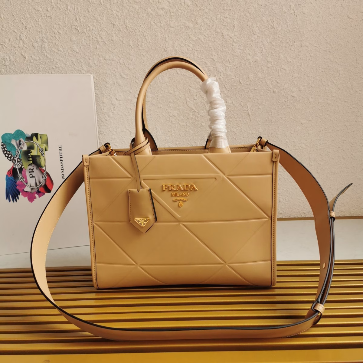 Prada Symbole Small Bag with Topstitching in Beige Leather - Image 6