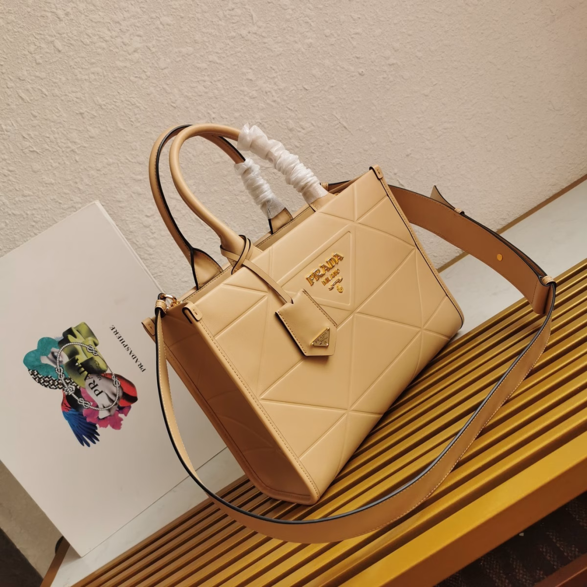Prada Symbole Small Bag with Topstitching in Beige Leather - Image 7