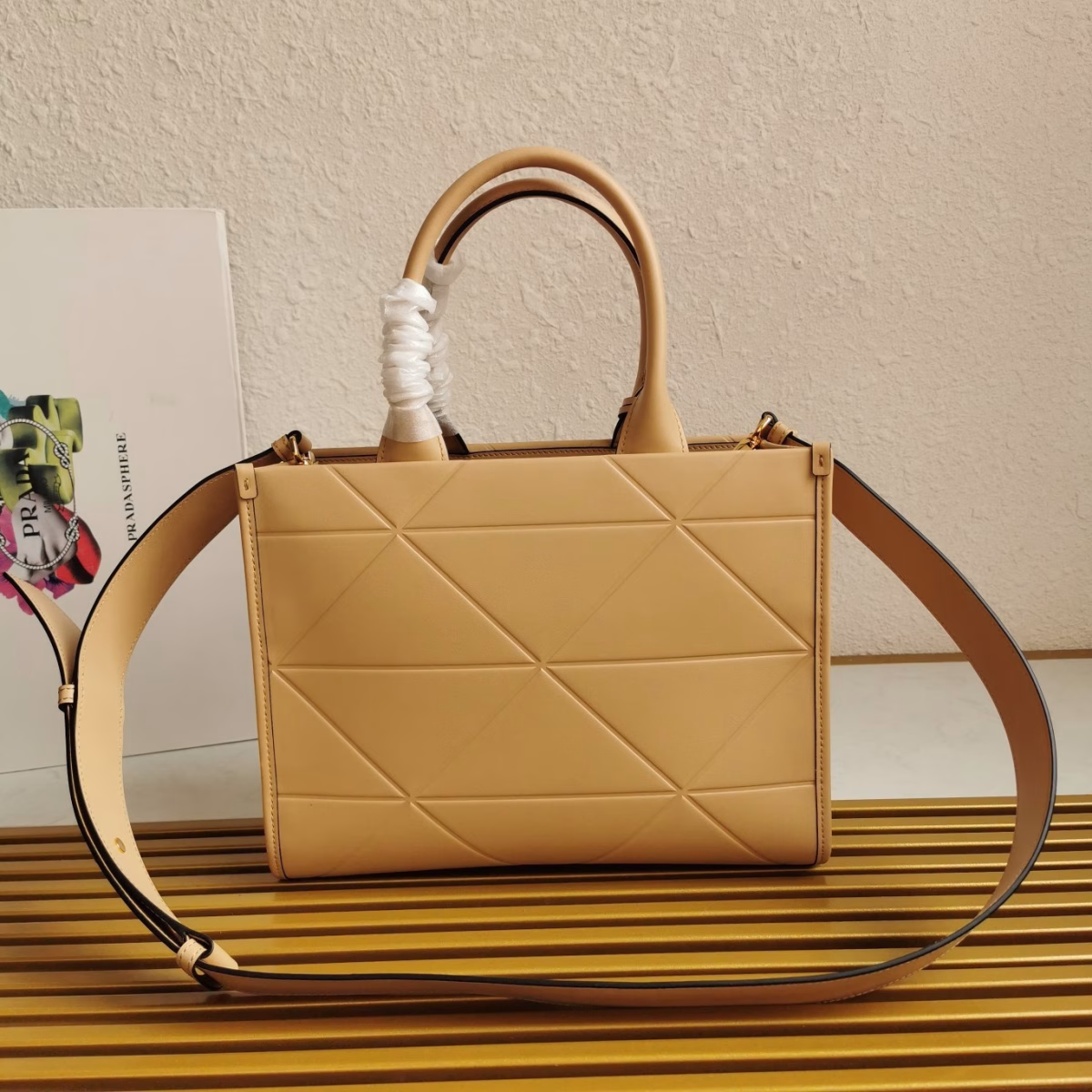 Prada Symbole Small Bag with Topstitching in Beige Leather - Image 9