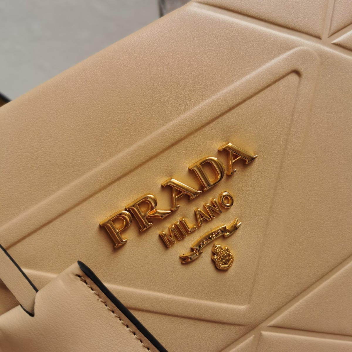 Prada Symbole Small Bag with Topstitching in Beige Leather - Image 4