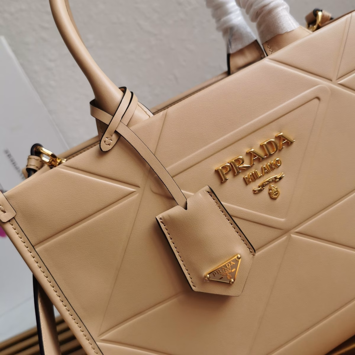 Prada Symbole Small Bag with Topstitching in Beige Leather - Image 5