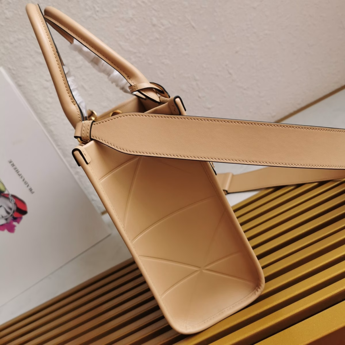 Prada Symbole Small Bag with Topstitching in Beige Leather - Image 10