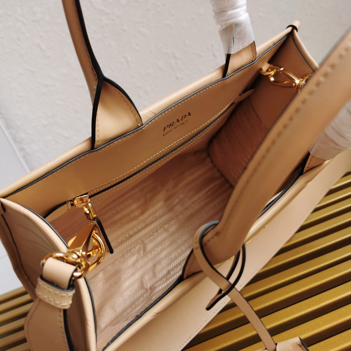 Prada Symbole Small Bag with Topstitching in Beige Leather - Image 3