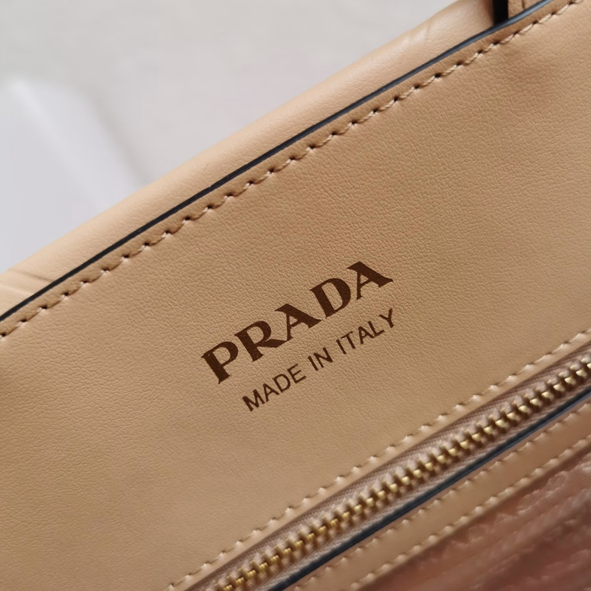 Prada Symbole Small Bag with Topstitching in Beige Leather - Image 2
