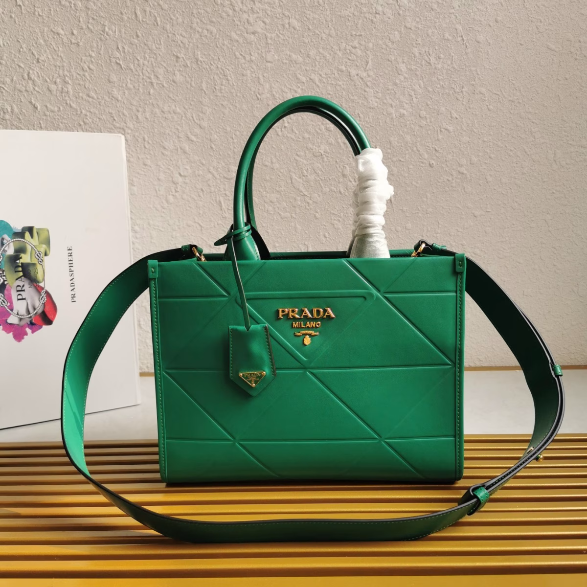 Prada Symbole Small Bag with Topstitching in Green Leather - Image 6