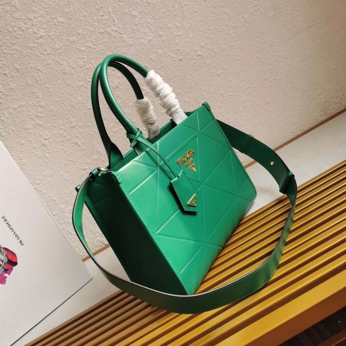 Prada Symbole Small Bag with Topstitching in Green Leather - Image 7