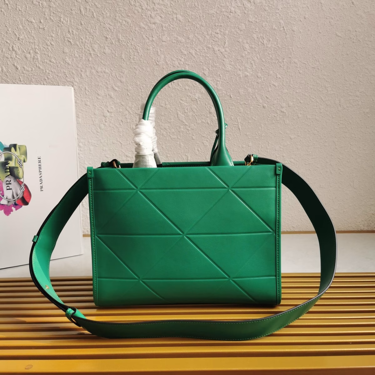 Prada Symbole Small Bag with Topstitching in Green Leather - Image 9