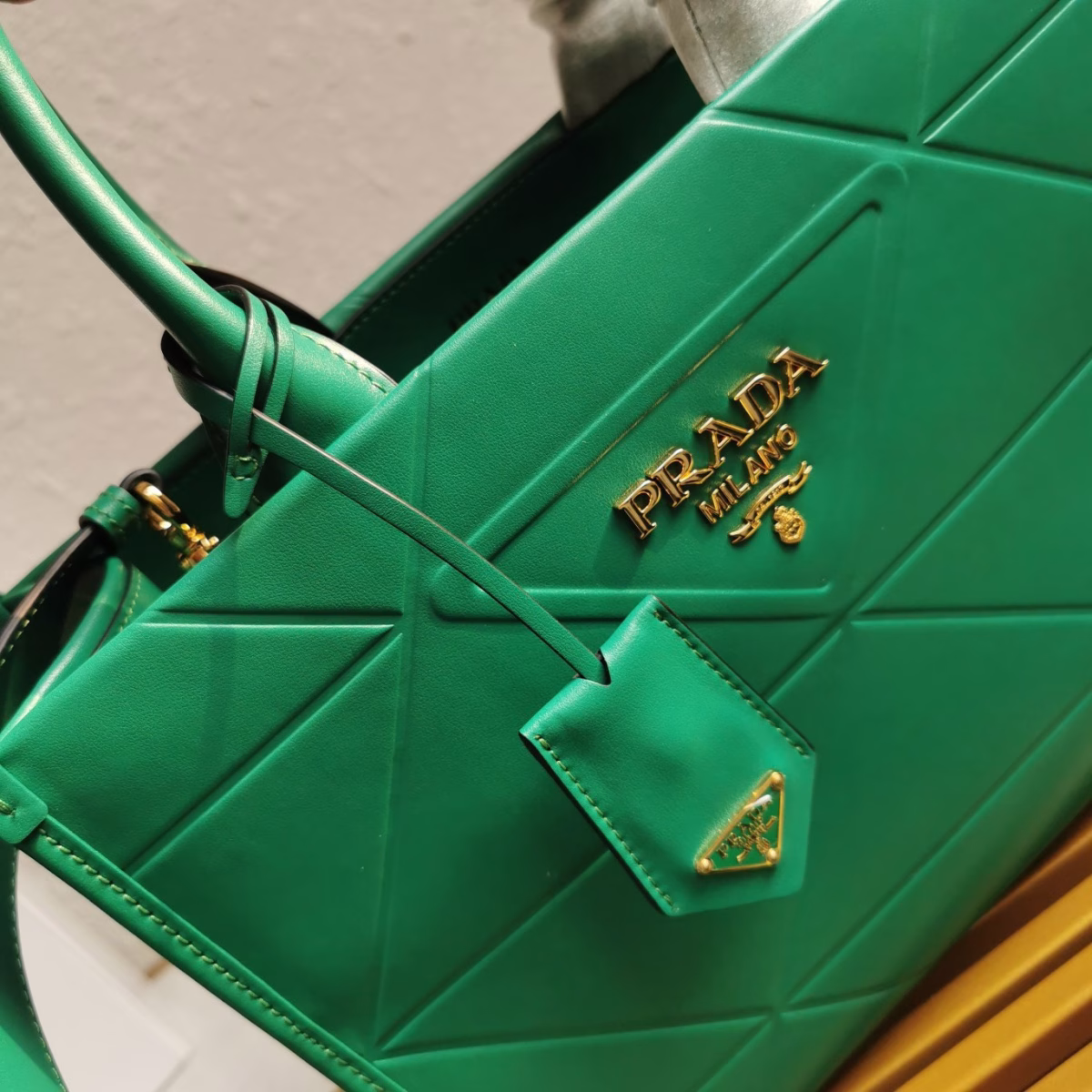 Prada Symbole Small Bag with Topstitching in Green Leather - Image 4