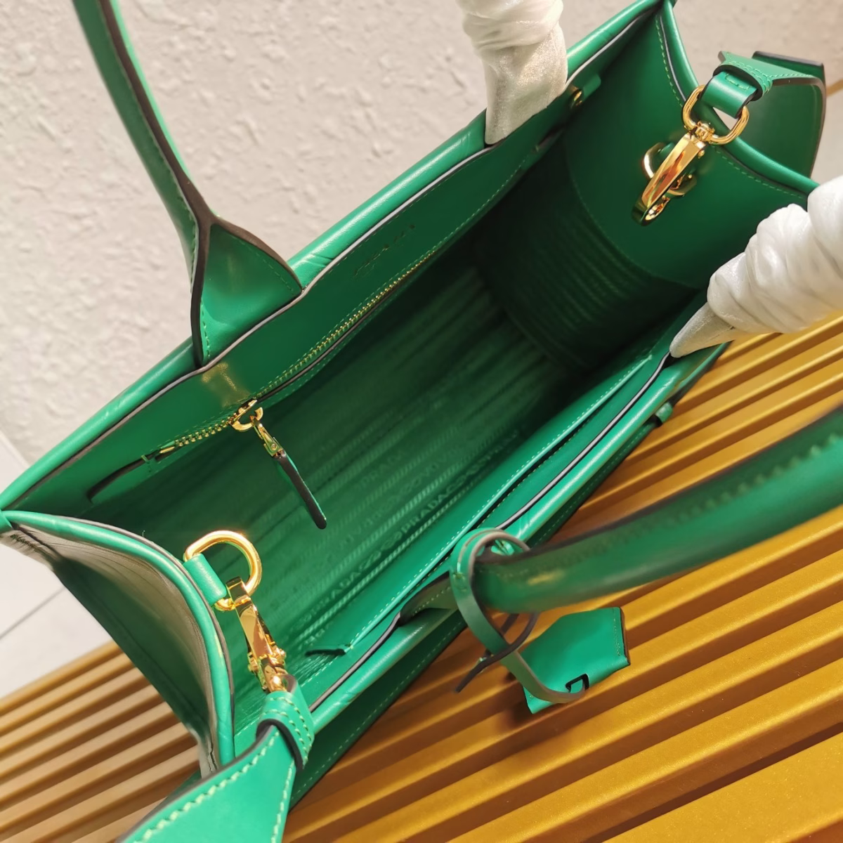 Prada Symbole Small Bag with Topstitching in Green Leather - Image 2