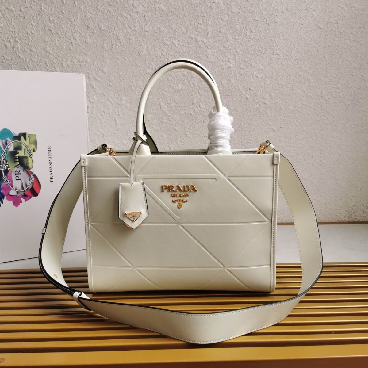 Prada Symbole Small Bag with Topstitching in White Leather - Image 6