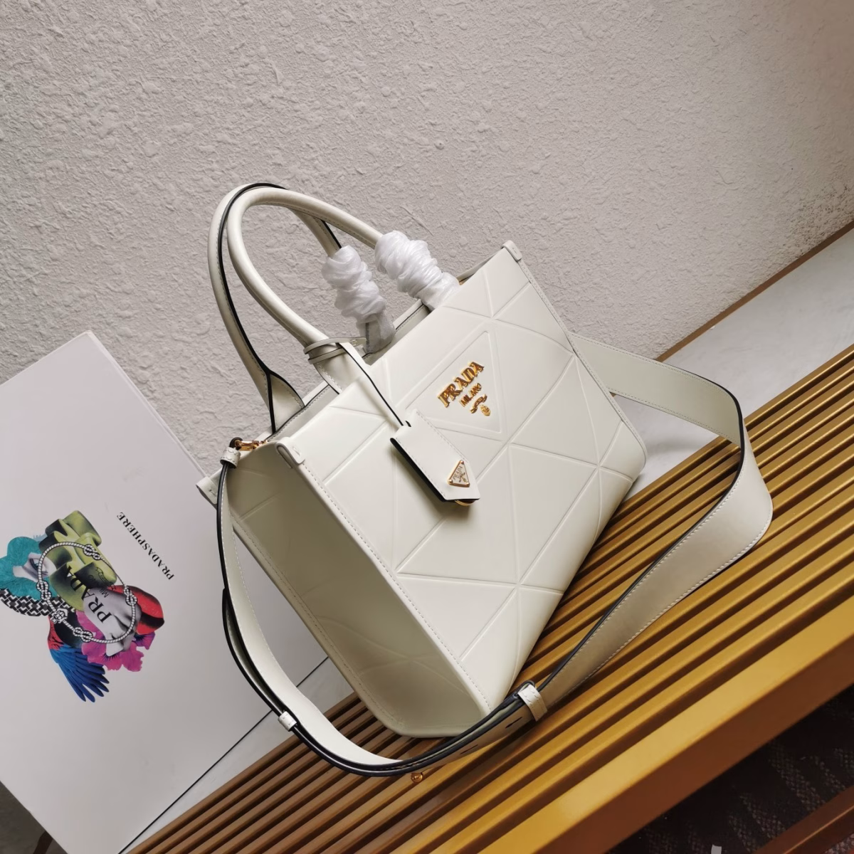 Prada Symbole Small Bag with Topstitching in White Leather - Image 7