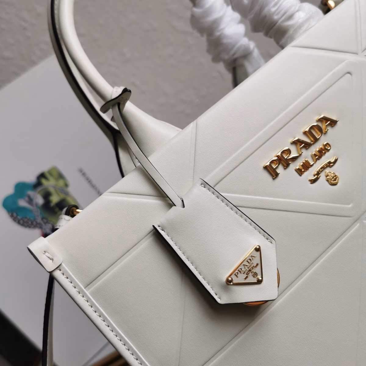 Prada Symbole Small Bag with Topstitching in White Leather - Image 5