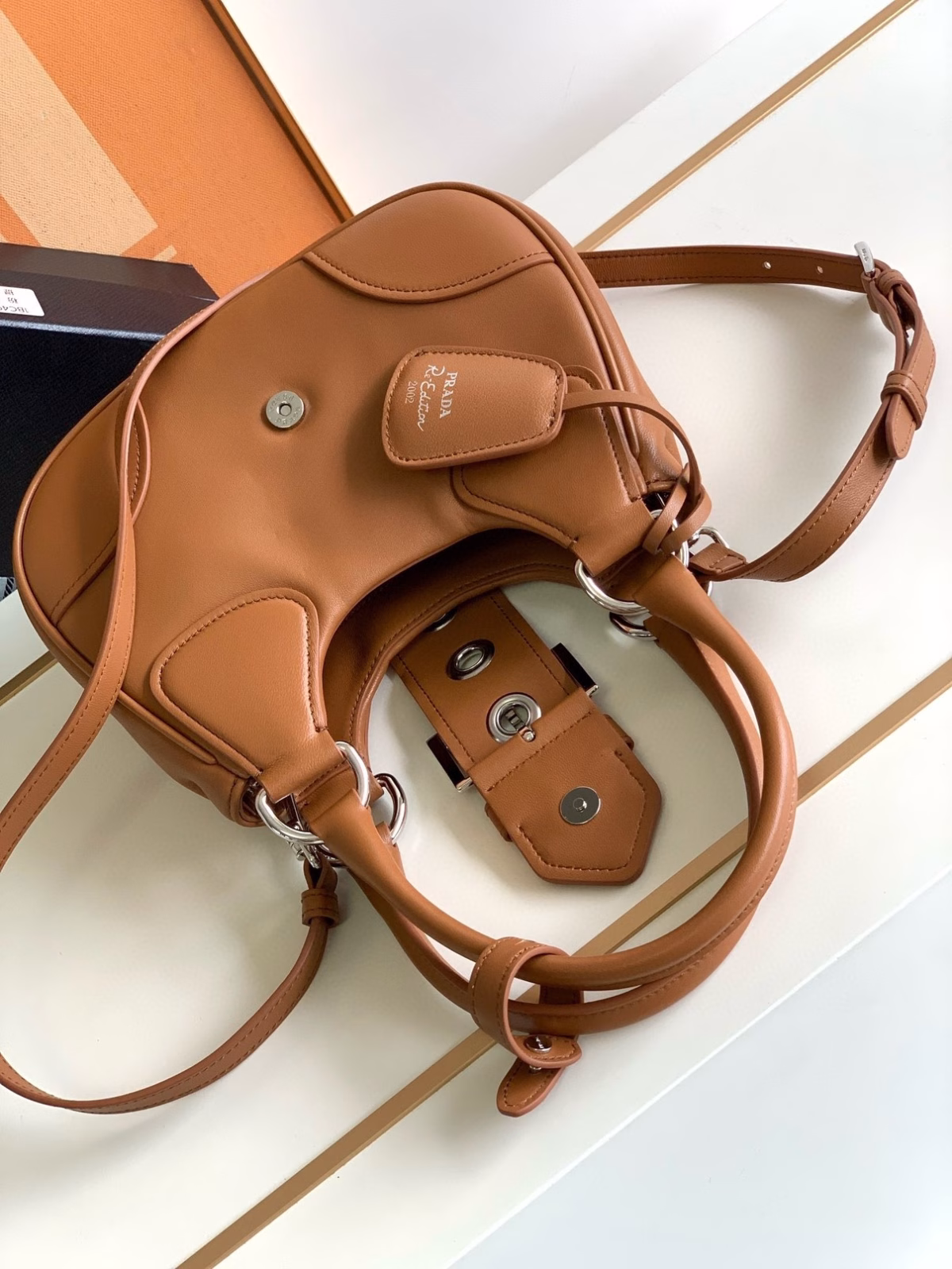 Prada Moon Bag in Caramel Padded Nappa Leather - Image 5