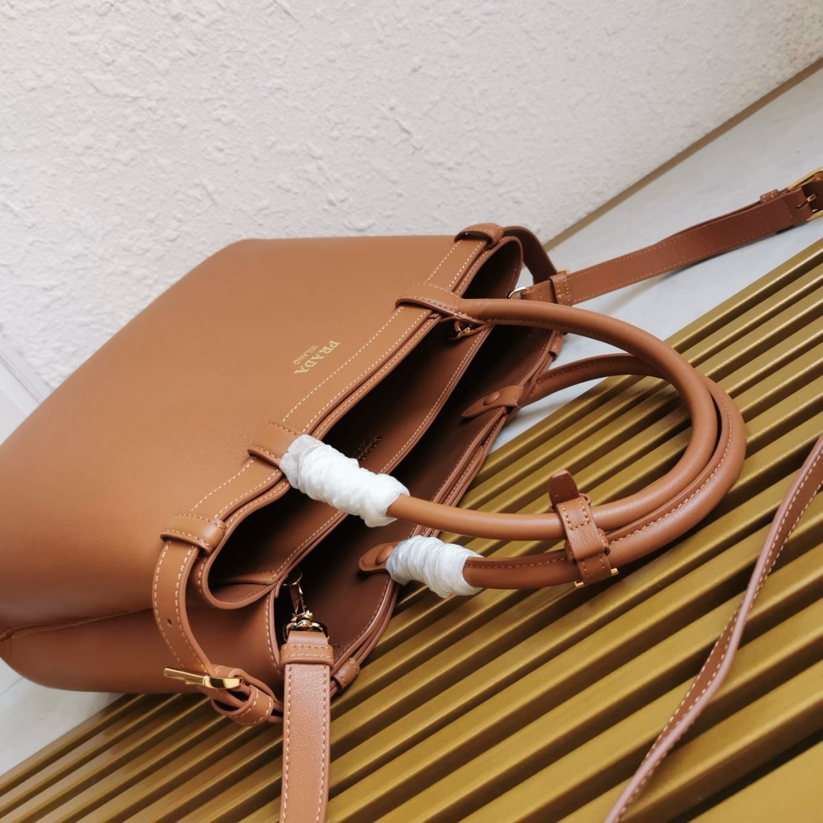 Prada Buckle Medium Bag with Double Belt in Brown Leather - Image 4