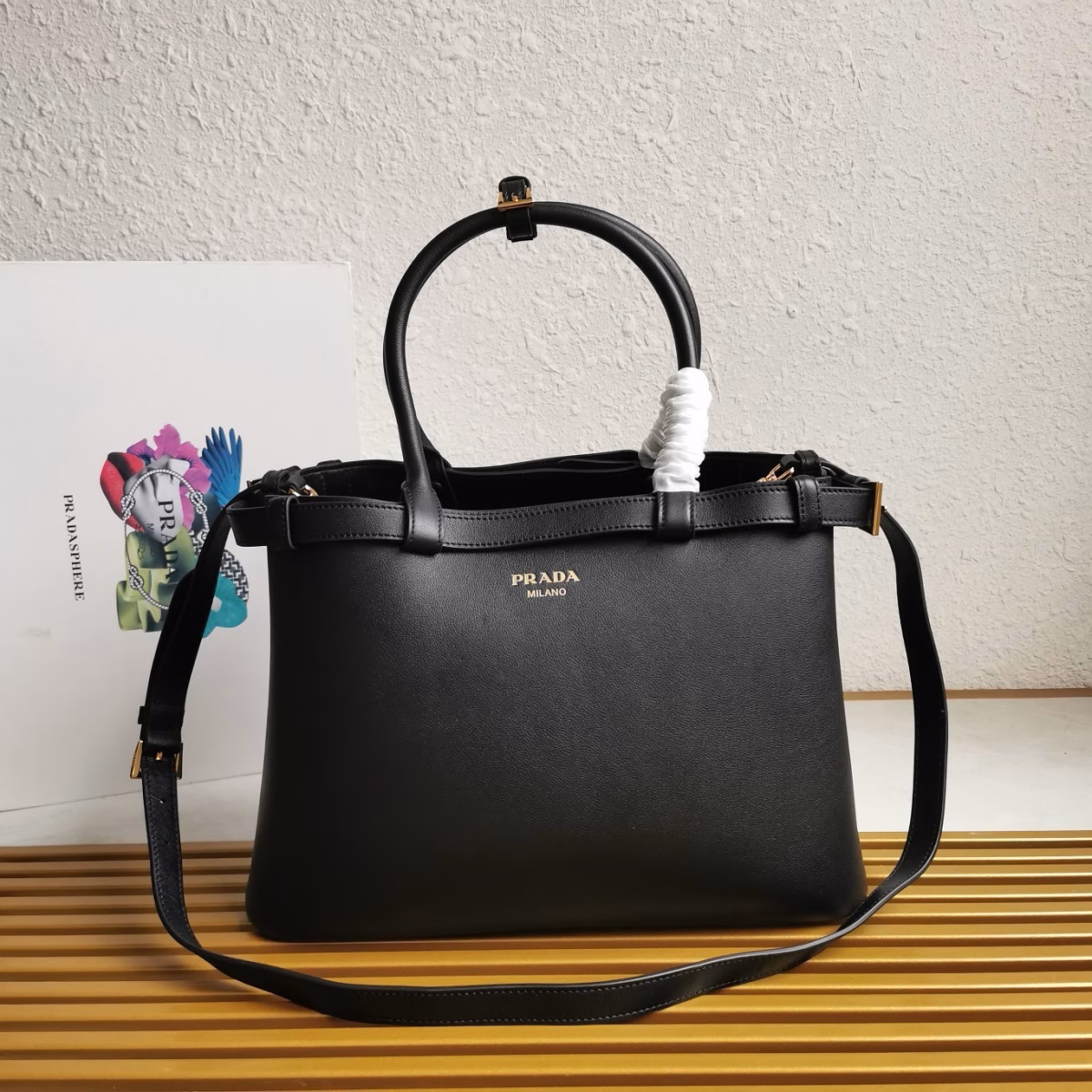 Prada Buckle Medium Bag with Double Belt in Black Leather - Image 7