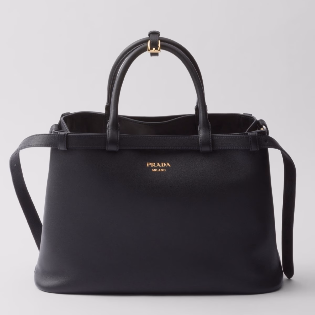 Prada Buckle Medium Bag with Double Belt in Black Leather - Image 1