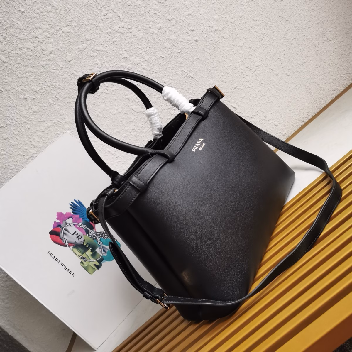 Prada Buckle Medium Bag with Double Belt in Black Leather - Image 8