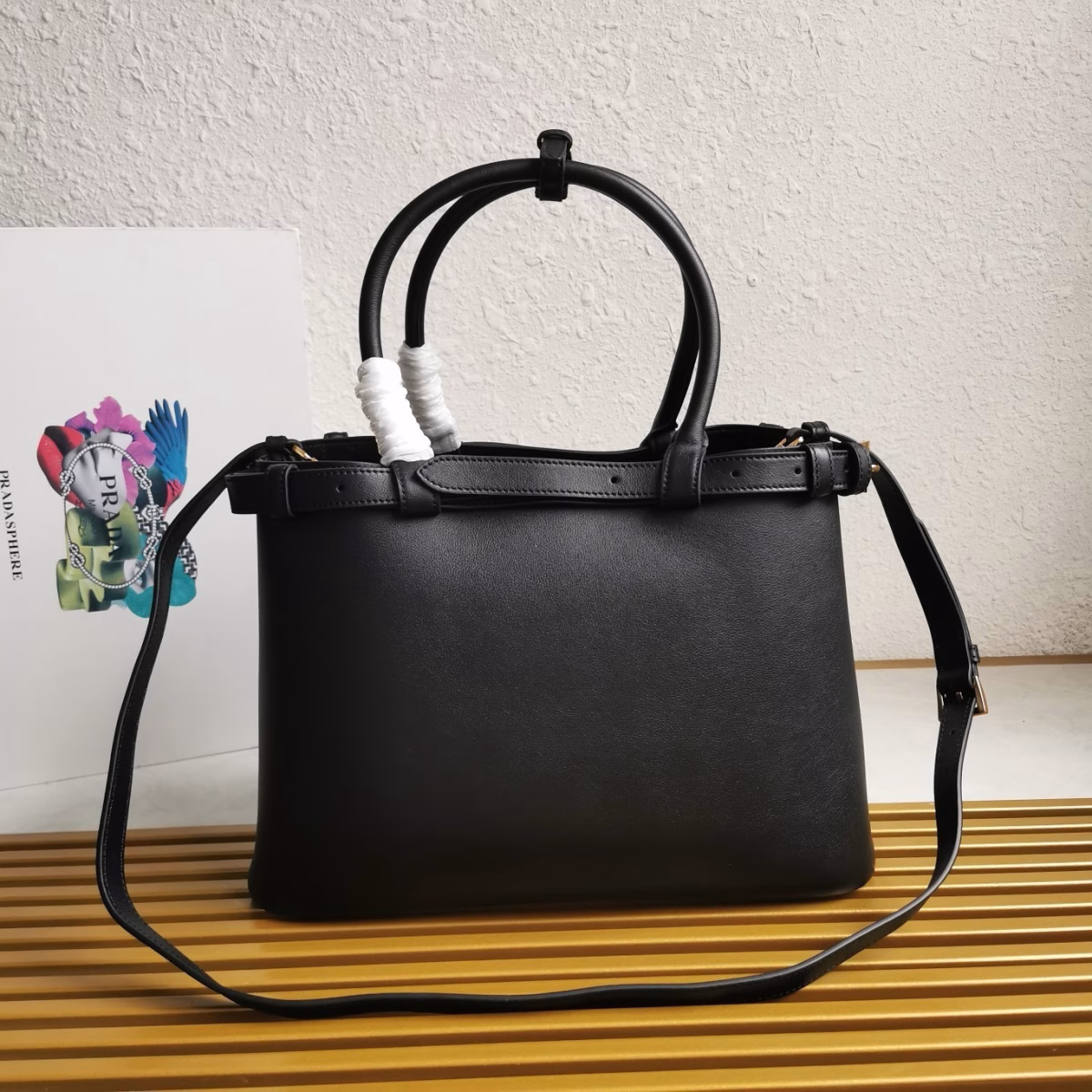 Prada Buckle Medium Bag with Double Belt in Black Leather - Image 2