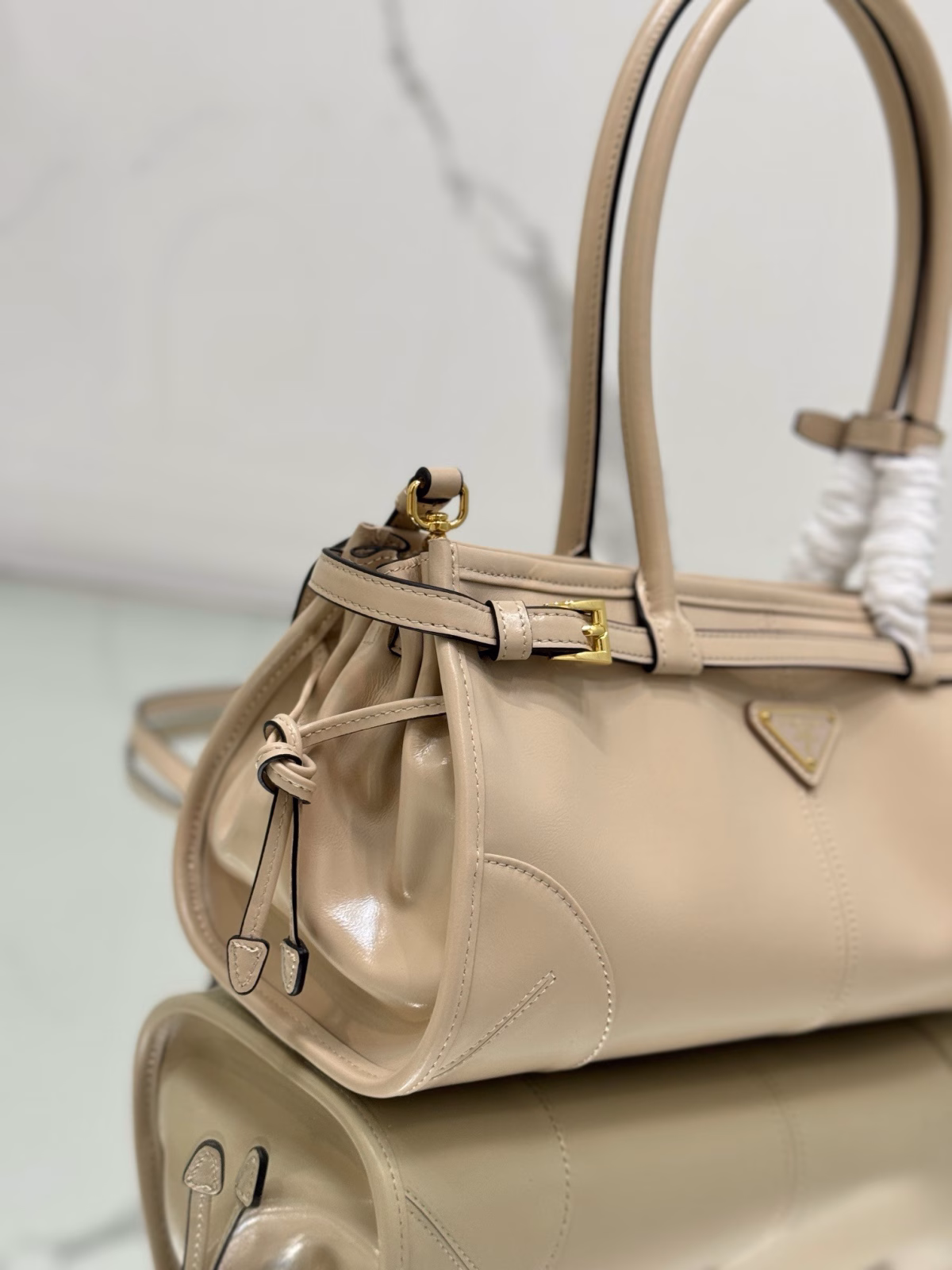 Prada Medium Tote Bag in Beige Soft Leather - Image 8