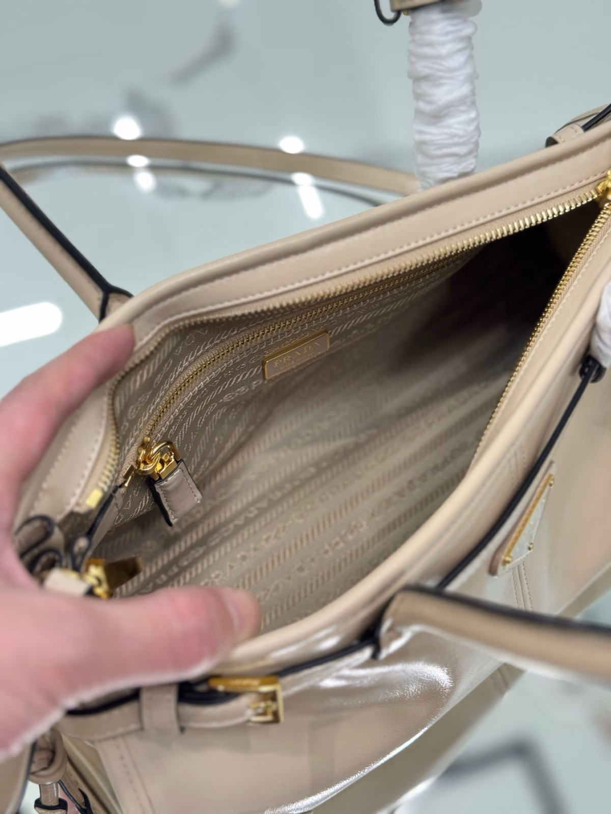 Prada Medium Tote Bag in Beige Soft Leather - Image 9