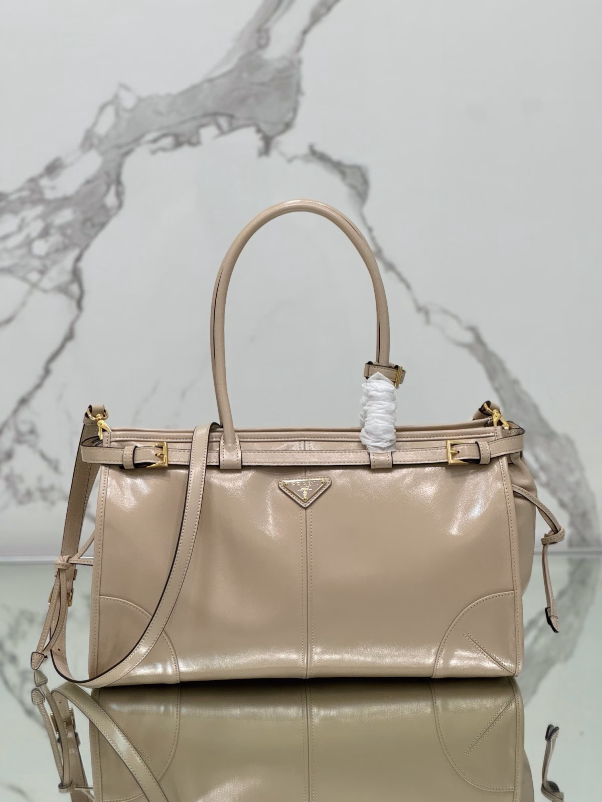 Prada Large Tote Bag in Beige Soft Leather - Image 6