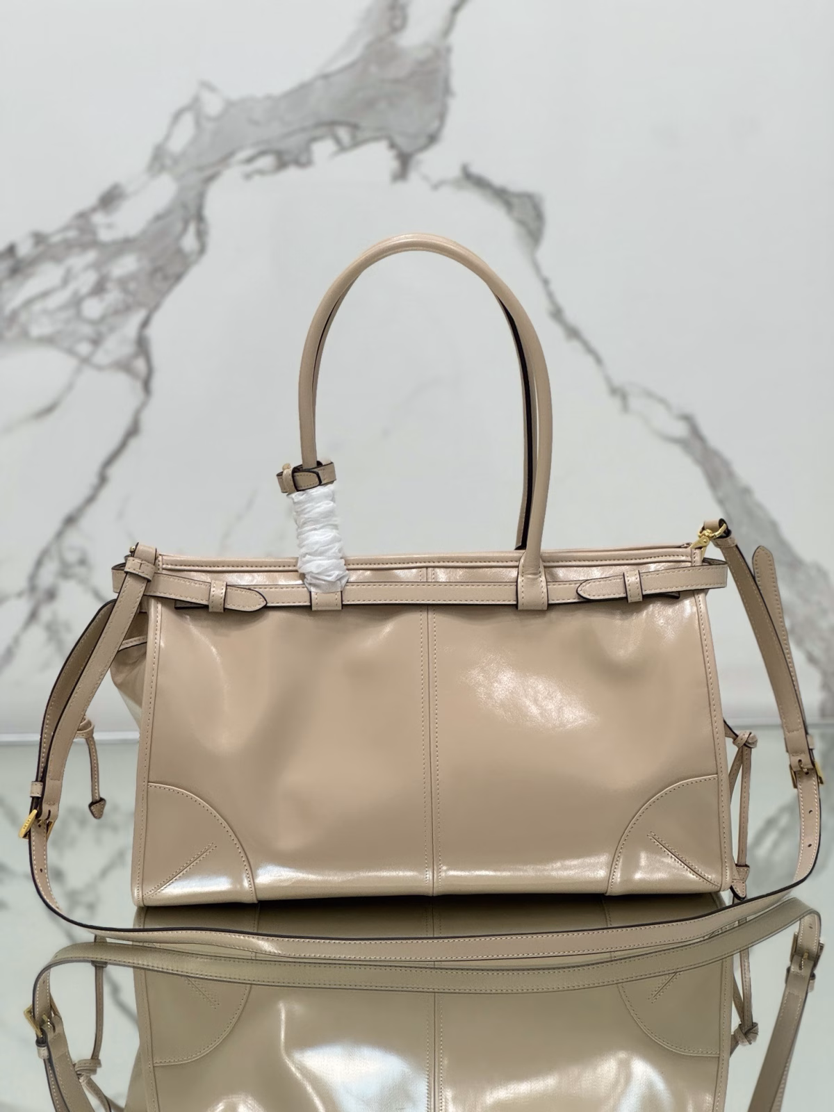 Prada Large Tote Bag in Beige Soft Leather - Image 4