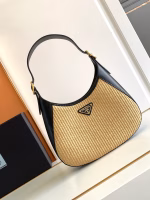 Prada Shoulder Bag in Woven Straw and Black Leather - Image 7
